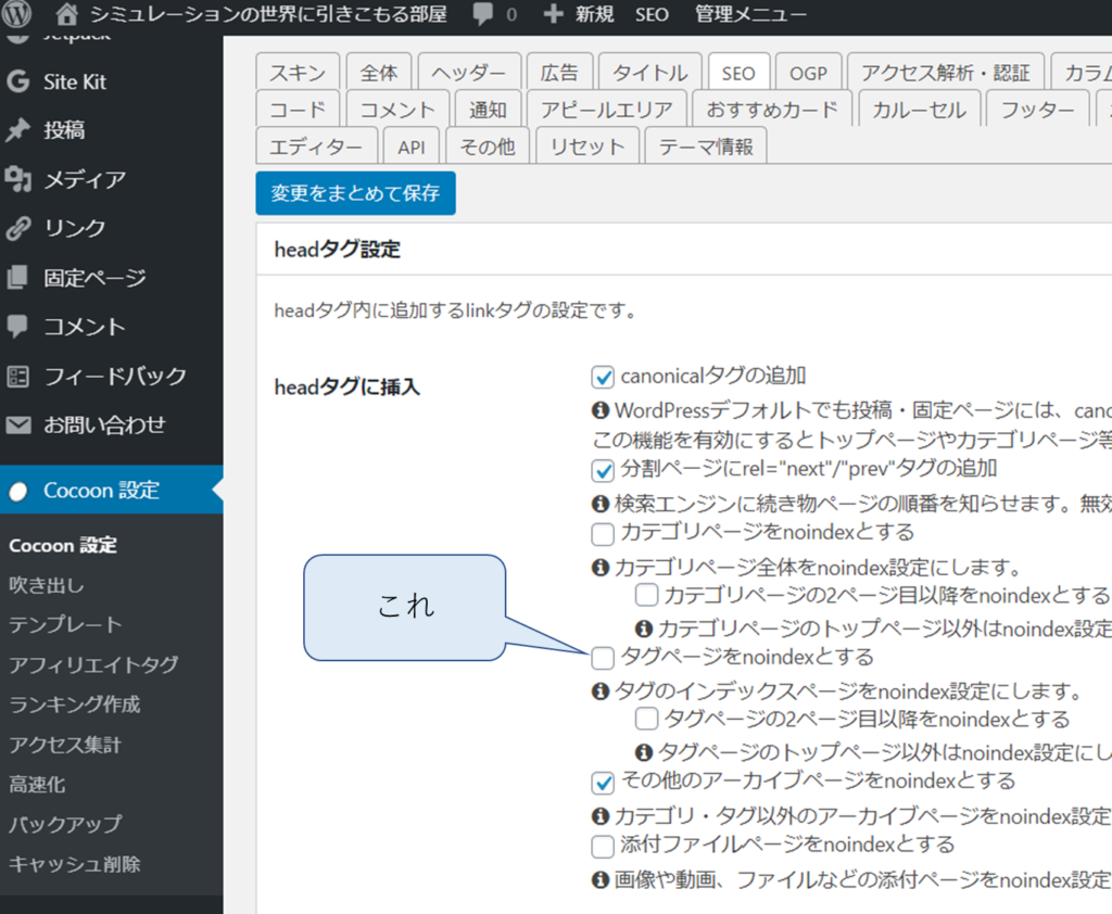 Cocoon設定、SEO、headタグに挿入、タグページをnoindexにする、Wordpress