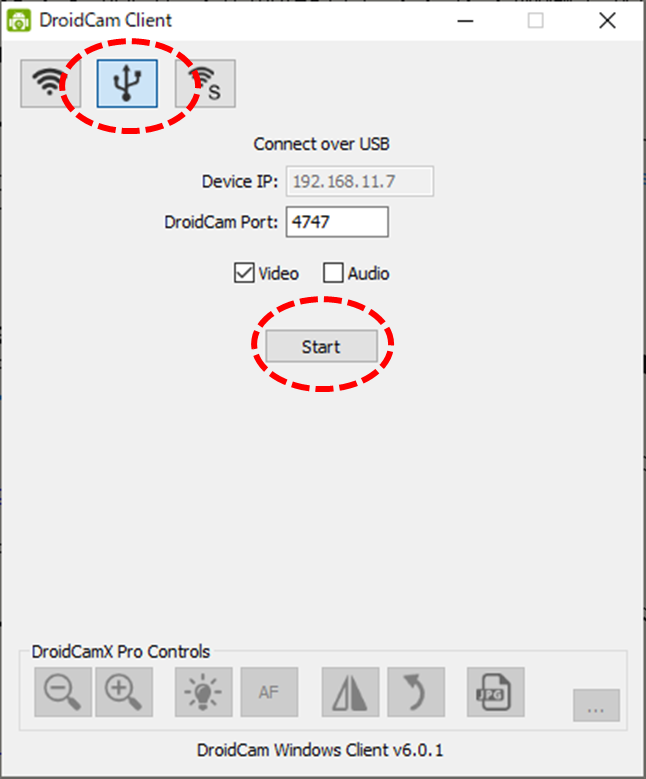 DroidCam Client、USB、Video、Start