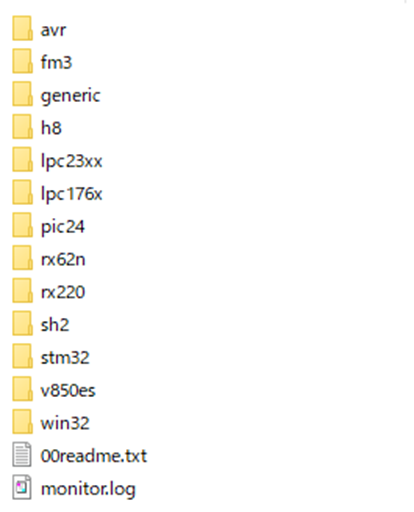 avr、fm3、generic、h8、lpc23xx、lpc176x、pic24、rx62n、rx220、sh2、stm32、v850es、win32、00readme.txt、monitor.log