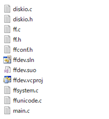 diskio.c、diskio.h、ff.c、ff.h、ffconf.h、ffdev.sln、ffdev.suo、ffdev.vcproj、ffsystem.c、ffunicode.c、main.c
