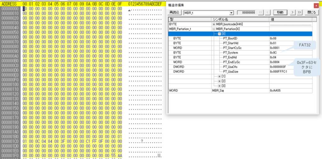 struct MBR_t {  BYTE   MBR_bootcode[446];  MBR_Partation_t MBR_Partation[4];  WORD   MBR_Sig; }; struct MBR_Partation_t {  BYTE PT_BootID;  BYTE PT_StartHd;  WORD PT_StartCySc;  BYTE PT_System;  BYTE PT_EndHd;  WORD PT_EndCySc;  DWORD PT_LbaOfs;  DWORD PT_LbaSize; }; FAT32、0x3F=63セクタ目にBPB(BIOS Parameter Block)