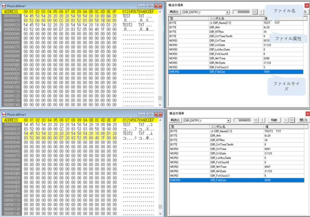 struct DIR_ENTRY_t{ BYTE DIR_Name[11]; BYTE DIR_Attr; BYTE DIR_NTRes; BYTE DIR_CrtTimeTenth; WORD DIR_CrtTime; WORD DIR_CrtDate; WORD DIR_LstAccDate; WORD DIR_FstClusHI; WORD DIR_WrtTime; WORD DIR_WrtDate; WORD DIR_FstClusLO; DWORD DIR_FileSize;};ファイル名、ファイル属性、ファイルサイズ