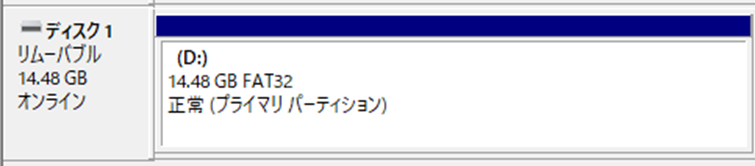 ディスク1、リムーバブルディスク、14.18GB、オンライン、D：、FAT32、正常、プライマリパーティション