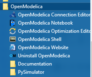 OpenModelica Compiler (OMC)、OpenModelica Connection Editor (OMEdit)、OpenModelica Shell (OMShell)、OpenModelica Notebook (OMNotebook)、OpenModelica Python Interface (OMPython)、OpenModelica Matlab Interface (OMMatlab)、Modelica Development Tooling (MDT)、OpenModelicaWebSite、Uninstall OpenModelica、Documentation、PySimulator