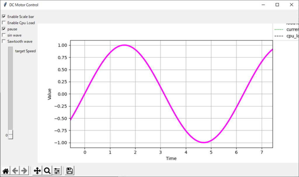 sin波形リアルタイム描画、Enable Scale bar、Enable Cpu Load、pause、sin wave、Sawtooth wave、target Speed、target[rad/s]、voltage[V]、speed[rad/s]、loadTorqueStep.tau[N m]、current[A]、cpu_load[ms]