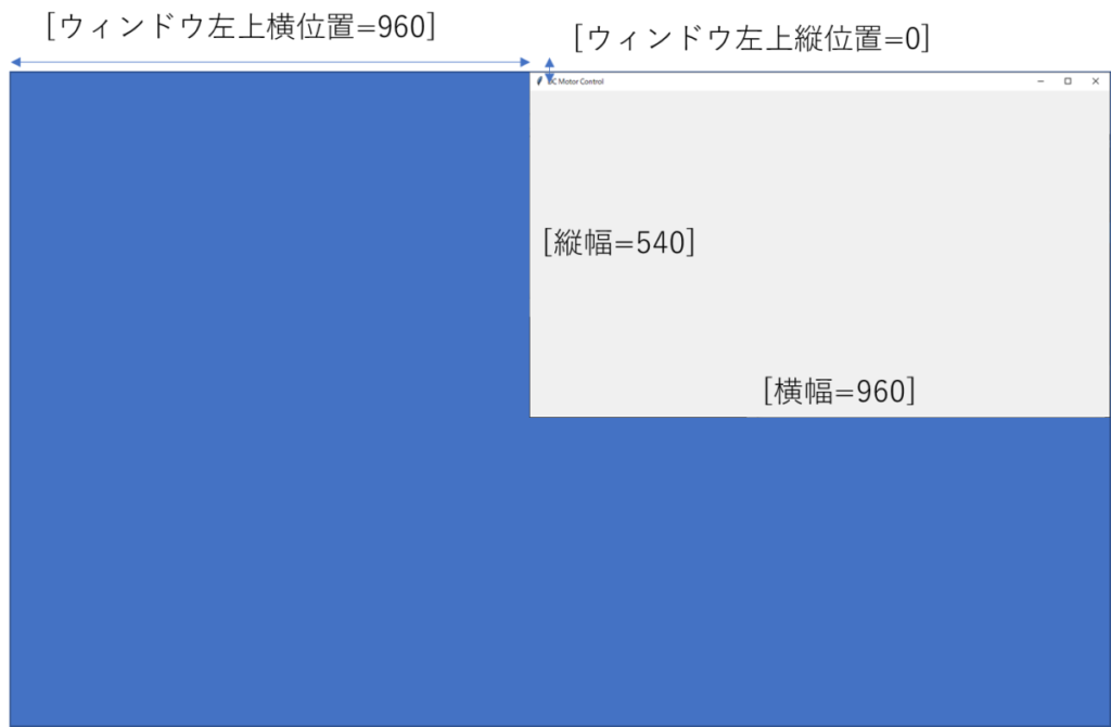 tkinterメインウィンドウ大きさ位置指定文字列、[横幅=960]、[縦幅=540]、[ウィンドウ左上縦位置=0]、[ウィンドウ左上横位置=960]