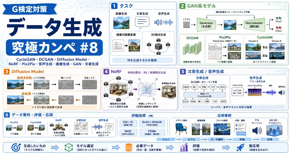 G検定対策 究極カンペをつくろう#8 データ生成(CycleGAN, DCGAN, Diffusion Model, NeRF, Pix2Pix, 音声生成, 画像生成, GAN, 文章生成)