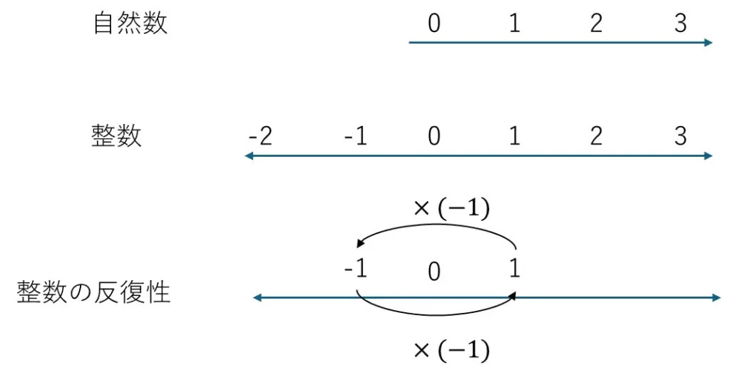 自然数だけの数直線と、負の数も含む整数の数直線を並べ、1と-1の間を往復する矢印を描いた図