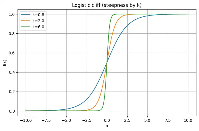 ロジスティック関数の“崖”。$k$ が大きいほど、臨界点 $x_0$ 付近で変化が急になる。