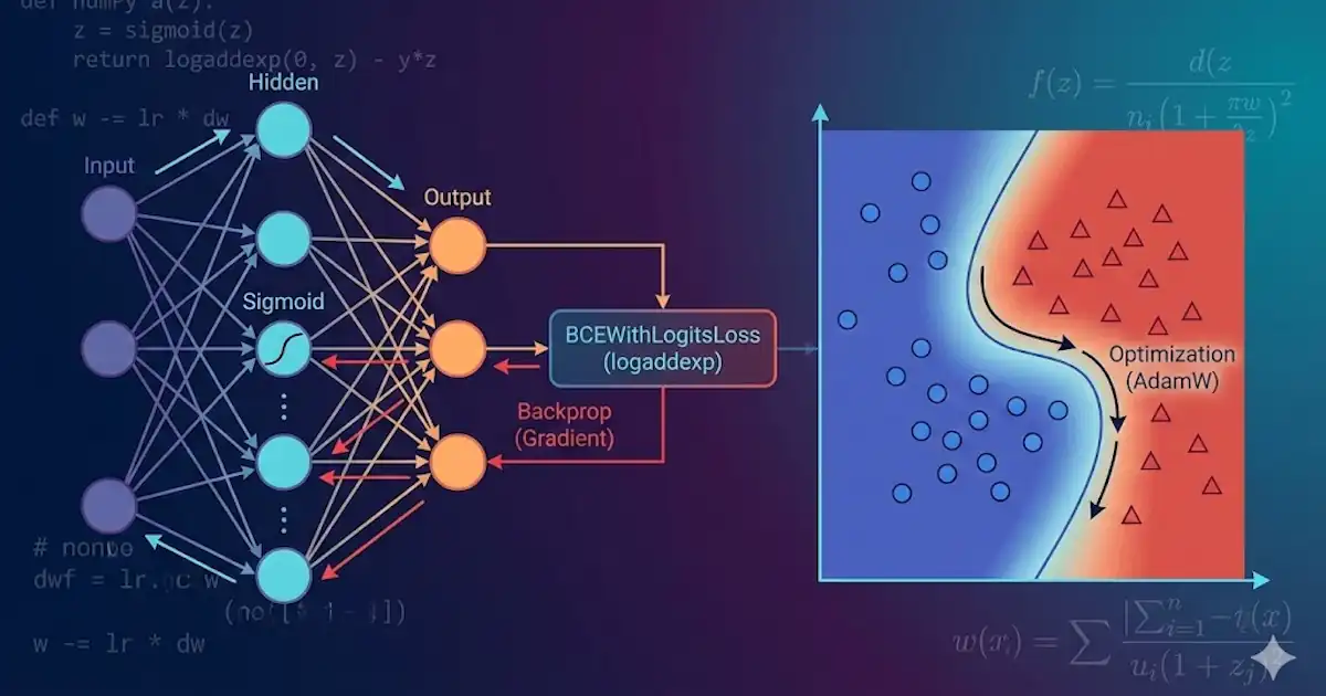 ニューラルネット入門（シグモイドで基礎をつなぐ）：決定境界→逆伝播→BCEWithLogitsLoss→最適化をNumPyで