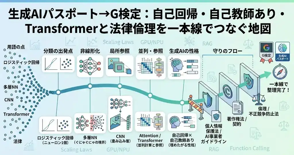 生成AIパスポート→G検定：自己回帰・自己教師あり・Transformerと法律倫理を一本線でつなぐ地図