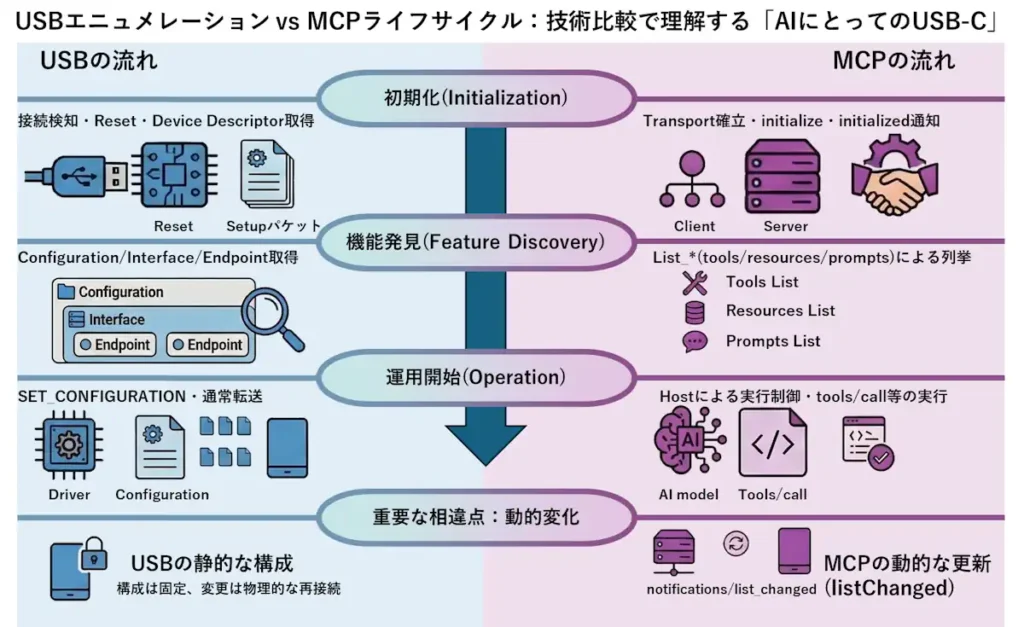 USBエニュメレーションとMCPのinitialize・list・通知・購読の流れを並べた対応図
