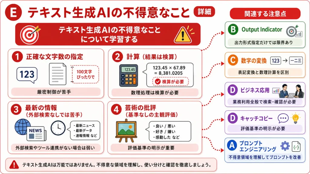 正確な文字数、計算、最新情報、評価基準のない主観評価など、確認が必要な領域。
