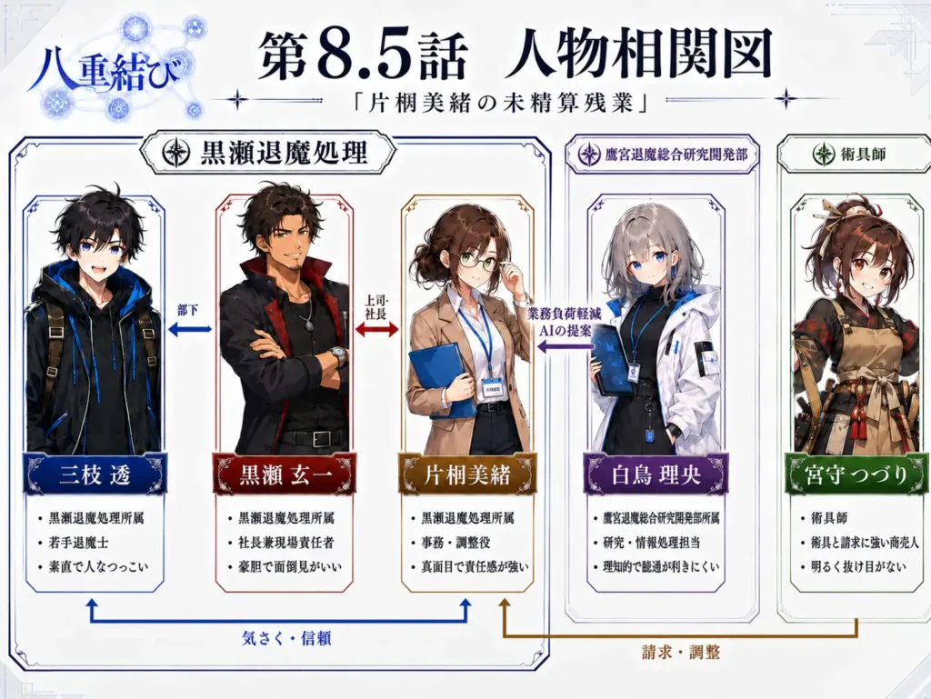 八重結び 第8.5話　片桐美緒の未精算残業 人物相関図