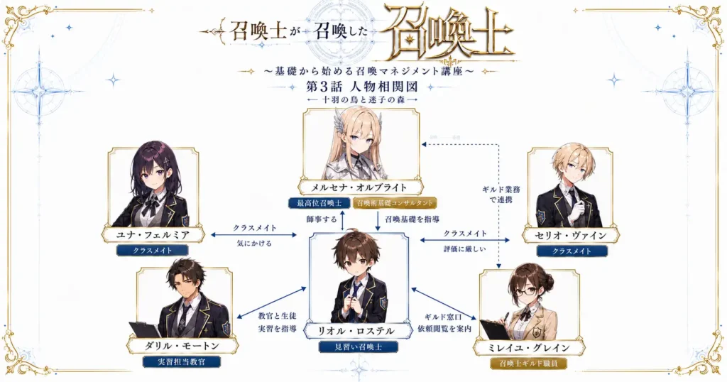 召喚士が召喚した召喚士~基礎から始める召喚マネジメント講座~ 第3話 十羽の鳥と迷子の森 人物相関図
