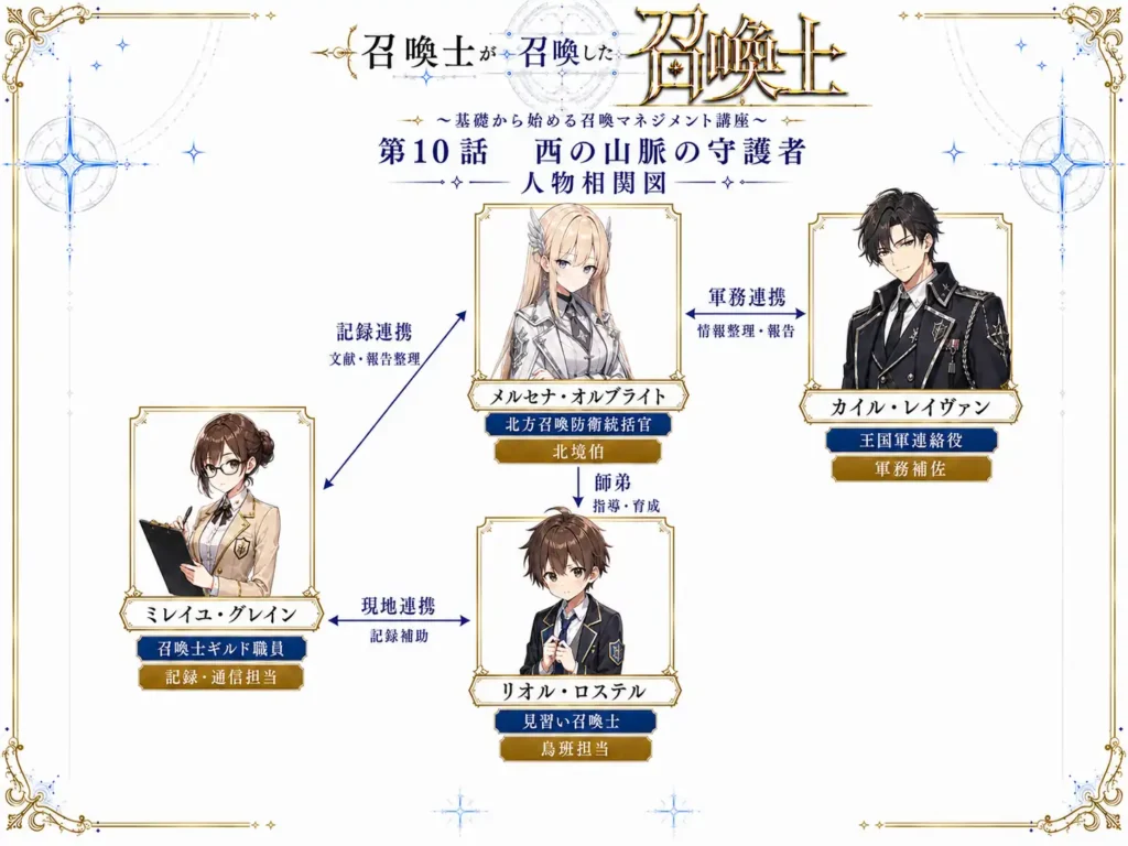 召喚士が召喚した召喚士～基礎から始める召喚マネジメント講座～　第10話　西の山脈の守護者 人物相関図
