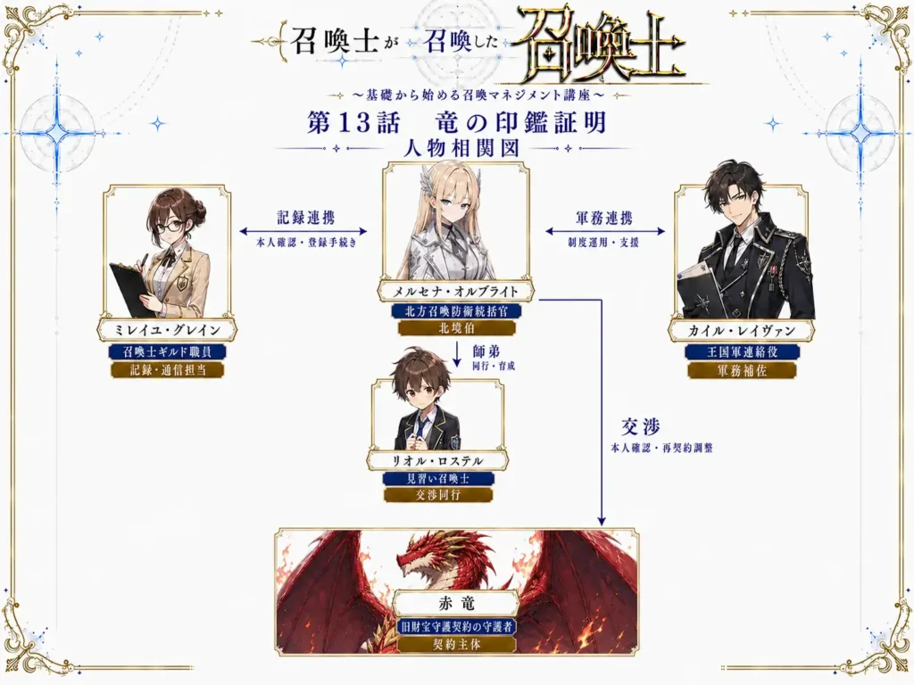 召喚士が召喚した召喚士~基礎から始める召喚マネジメント講座 第13話 竜の印鑑証明 人物相関図
