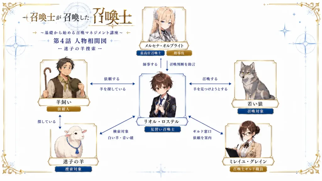 召喚士が召喚した召喚士~基礎から始める召喚マネジメント講座~ 第4話 狼は羊の毛だけを持ち帰る 人物相関図
