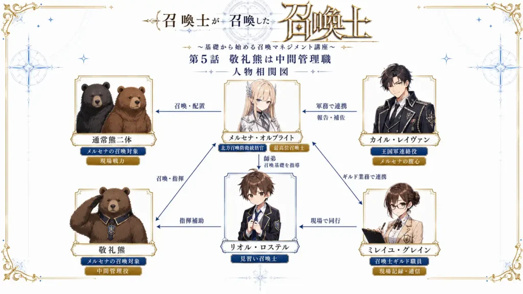 召喚士が召喚した召喚士~基礎から始める召喚マネジメント講座~ 第5話 敬礼熊は中間管理職 人物相関図