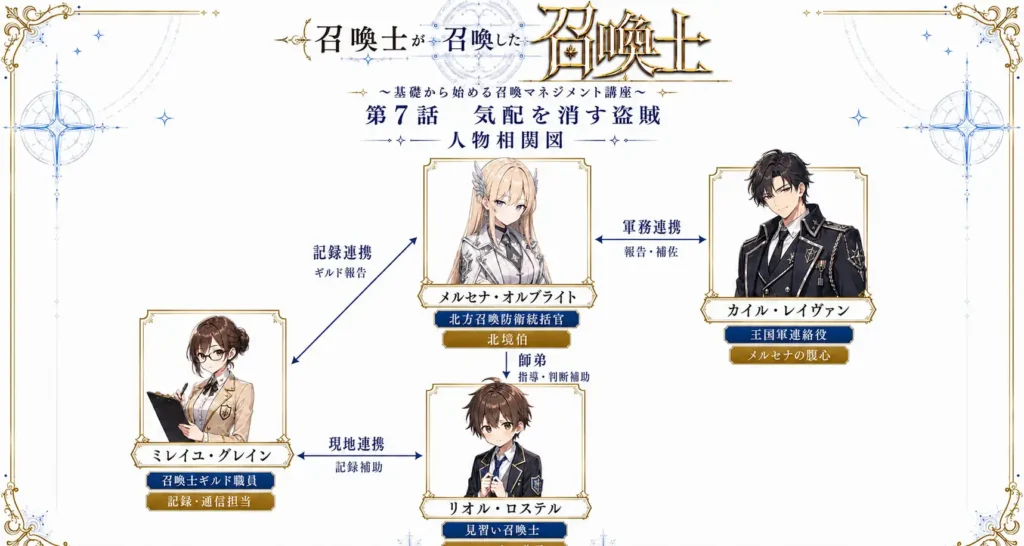召喚士が召喚した召喚士～基礎から始める召喚マネジメント講座～　第7話　気配を消す盗賊 人物相関図