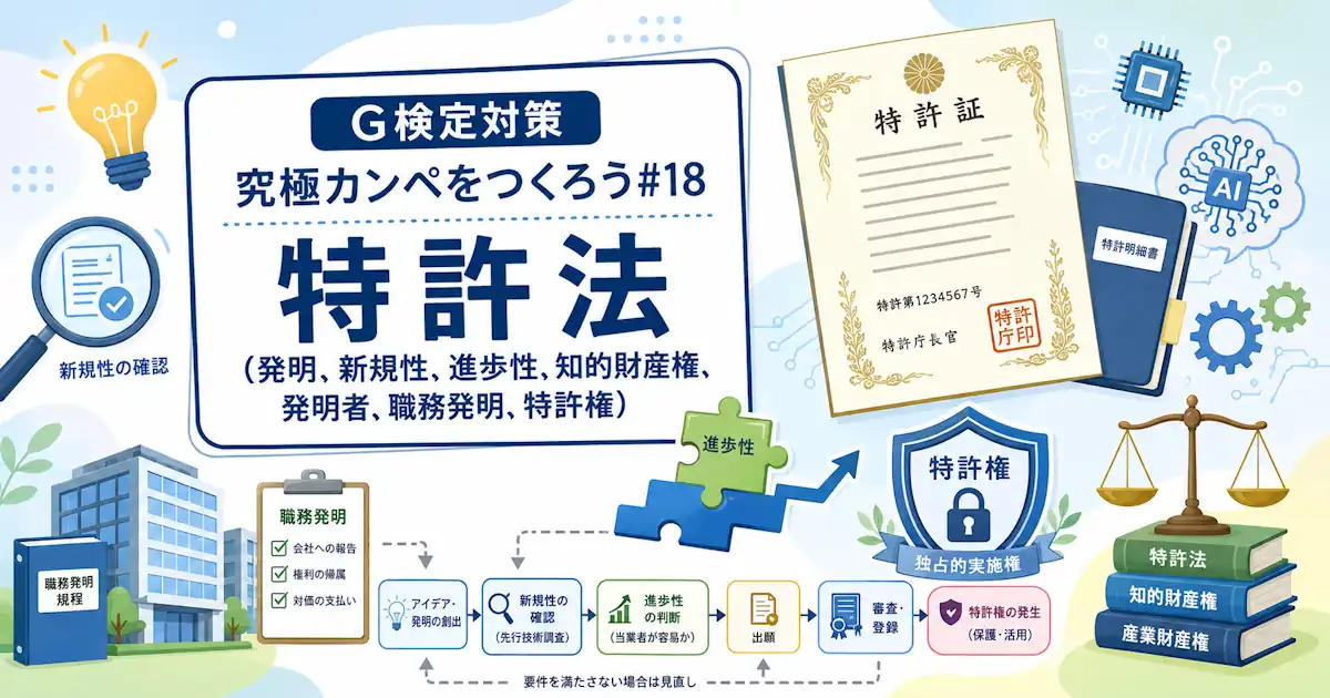 G検定対策 究極カンペをつくろう#18 特許法（発明, 新規性, 進歩性, 知的財産権, 発明者, 職務発明, 特許権）
