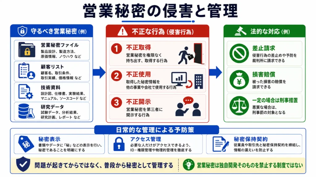 営業秘密の不正取得、不正使用、不正開示から差止請求や損害賠償などにつながる関係を示した図