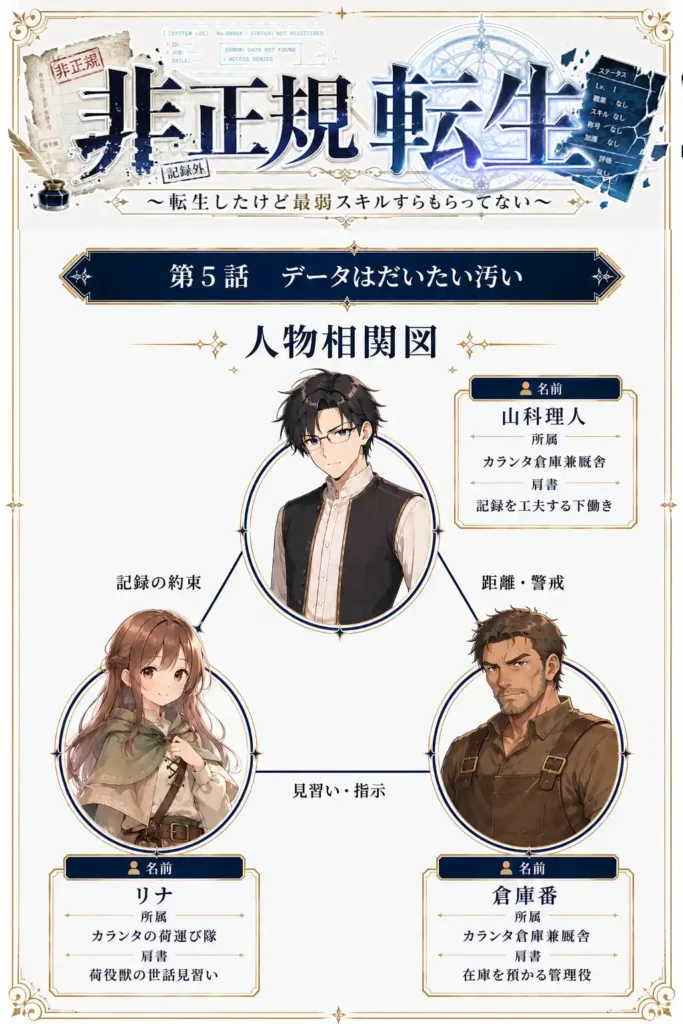 非正規転生~転生したけど最弱スキルすらもらってない~ 第5話 データはだいたい汚い 人物相関図