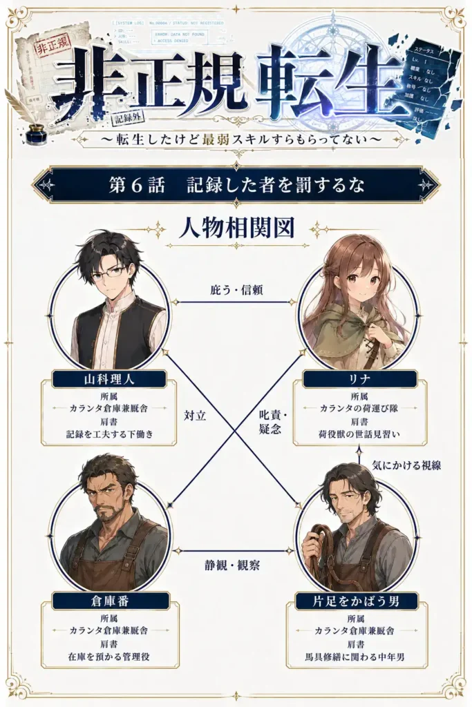 非正規転生～転生したけど最弱スキルすらもらってない～　第6話　記録した者を罰するな 人物相関図