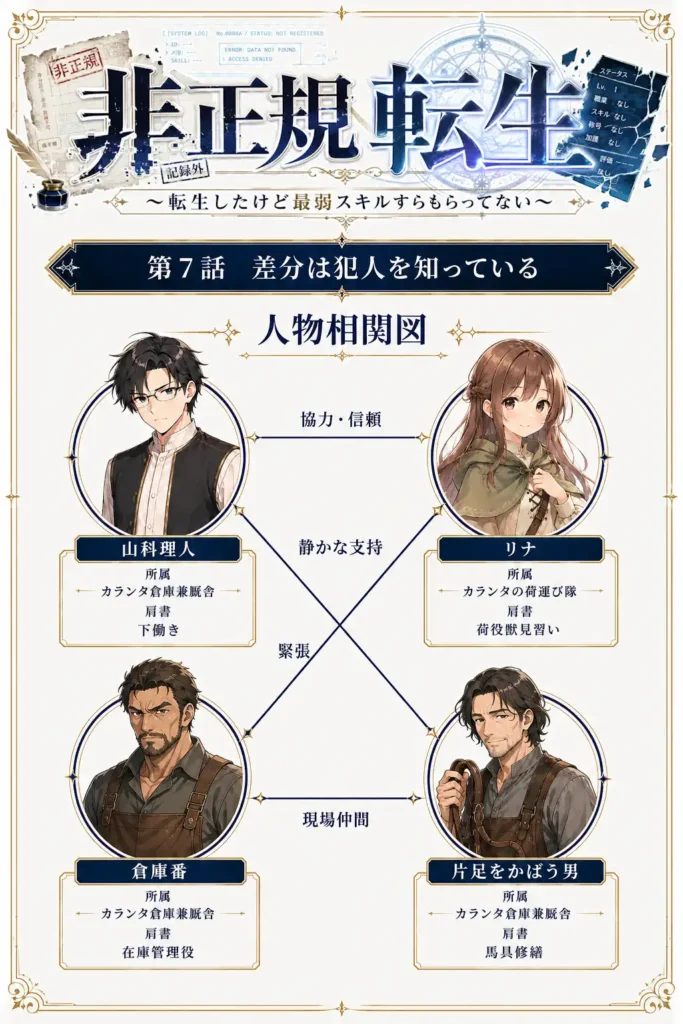 非正規転生～転生したけど最弱スキルすらもらってない～　第7話　差分は犯人を知っている 人物相関図