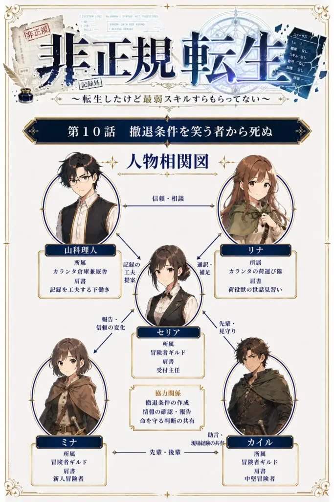 非正規転生~転生したけど最弱スキルすらもらってない~ 第10話 撤退条件を笑う者から死ぬ 人物相関図