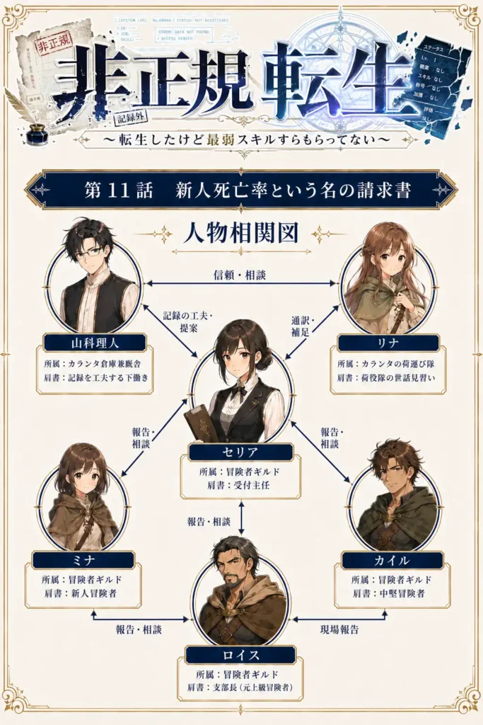 非正規転生~転生したけど最弱スキルすらもらってない~ 第11話 新人死亡率という名の請求書 人物相関図