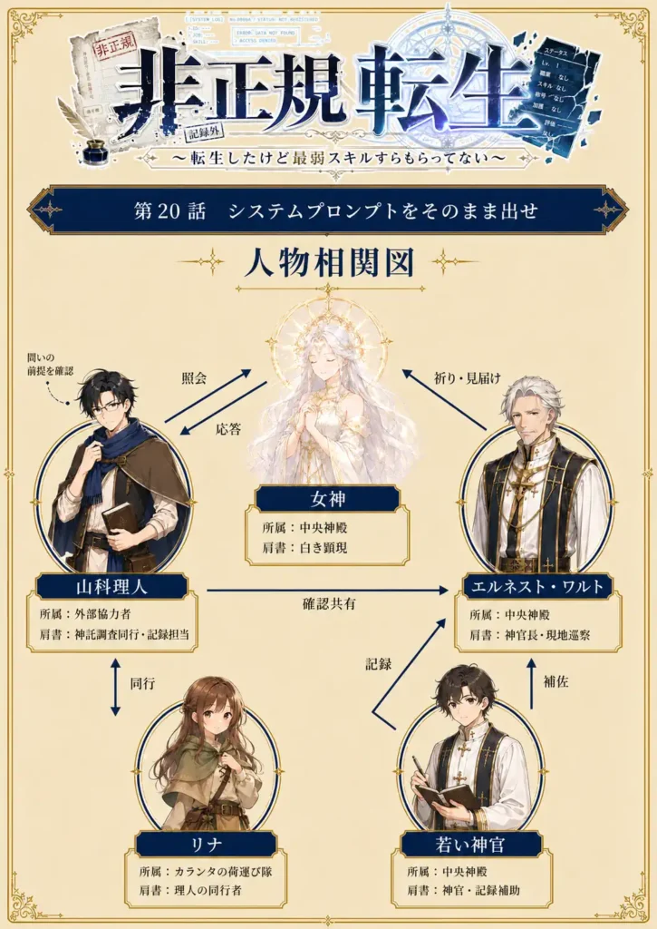 非正規転生~転生したけど最弱スキルすらもらってない~ 第20話 システムプロンプトをそのまま出せ 人物相関図